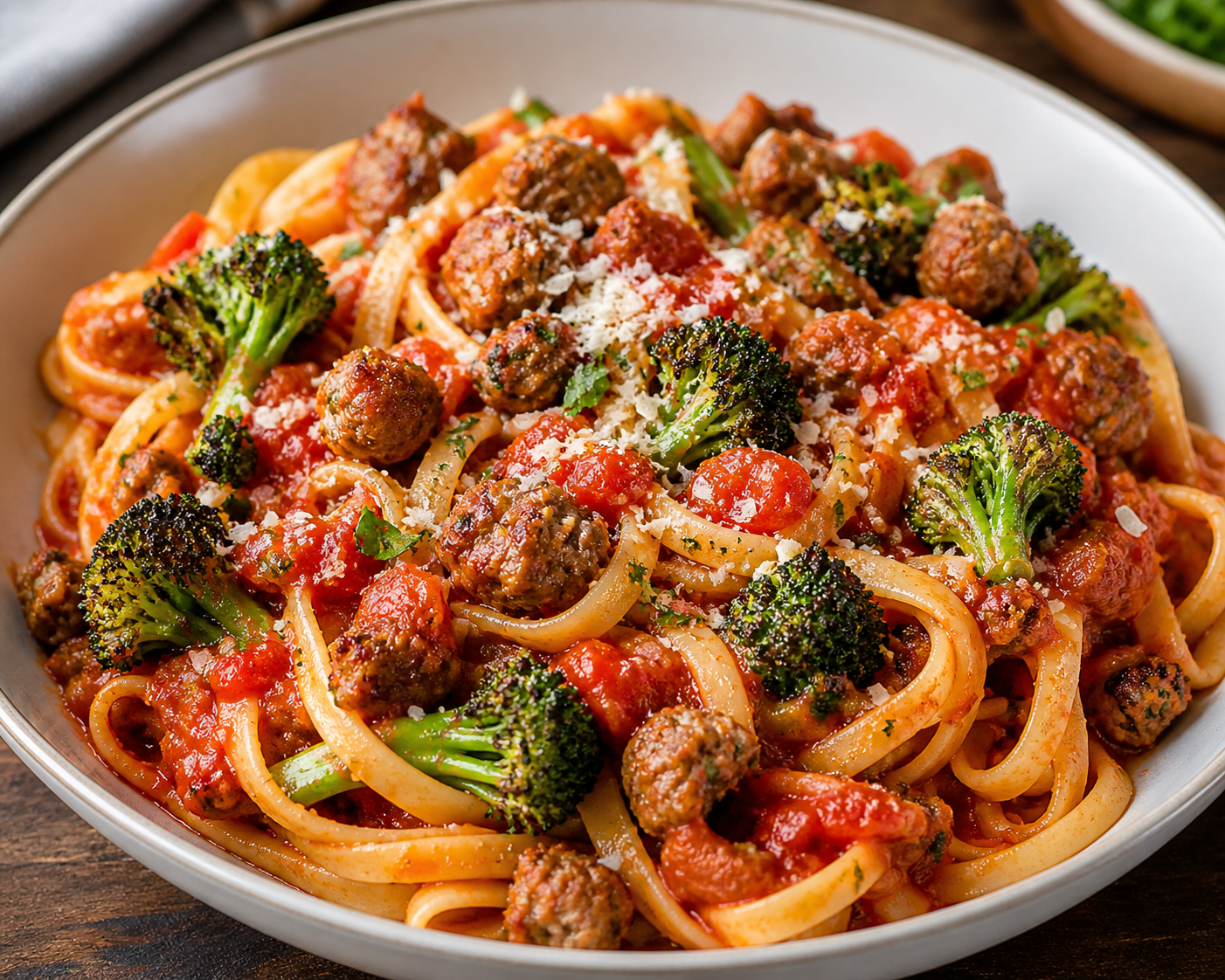Fettuccine with Tomato Onion Sauce, Sausage & Pan-Seared Broccoli